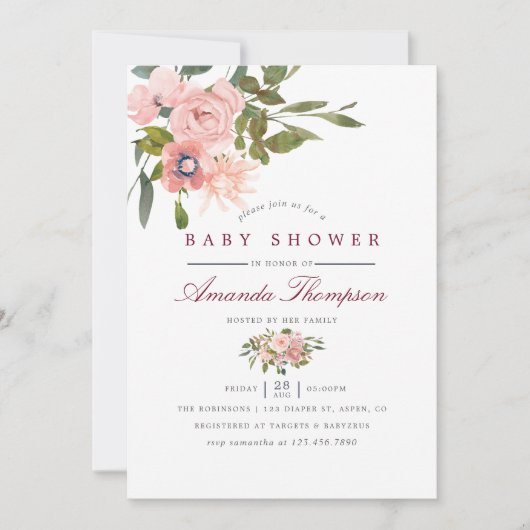 Waterverf floral Blush en Bourgogne Baby shower Kaart (Voorkant)