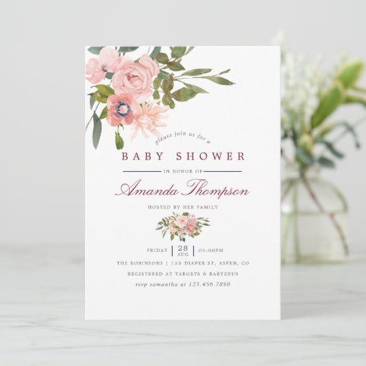 Waterverf floral Blush en Bourgogne Baby shower Kaart (Staand voorkant)