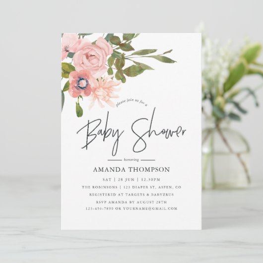 Waterverf floral Blush en Gold Baby shower Kaart (Staand voorkant)