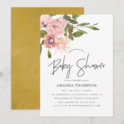 Waterverf floral Blush en Gold Baby shower Kaart (Voorkant / Achterkant)