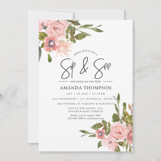 Waterverf floral Blush en Gold Sip and See Kaart (Voorkant)