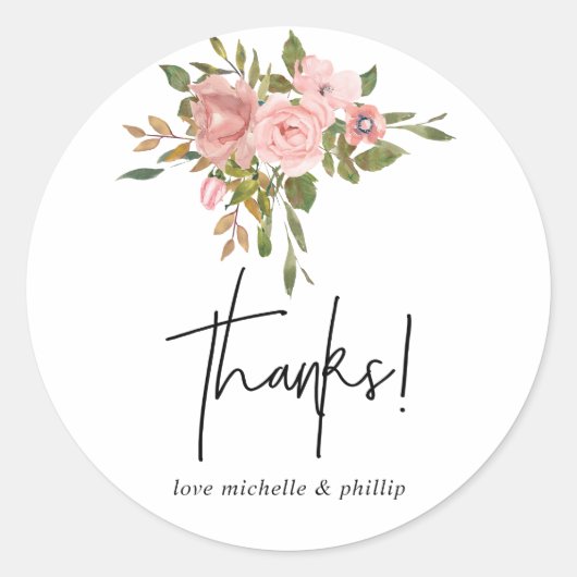 Waterverf floral Blush en Roos Gold Bedankt Ronde Sticker (Voorkant)