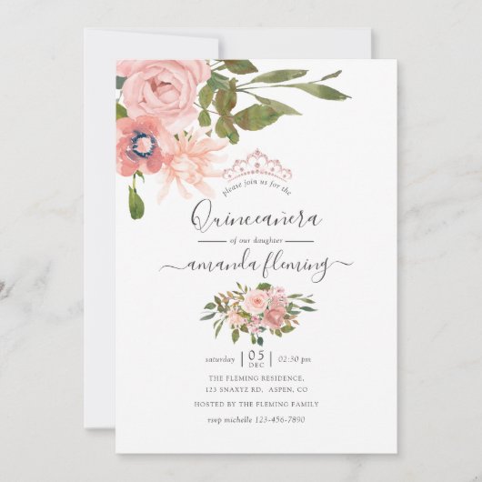 Waterverf floral Blush en Roos Gold Quinceañera Kaart (Voorkant)