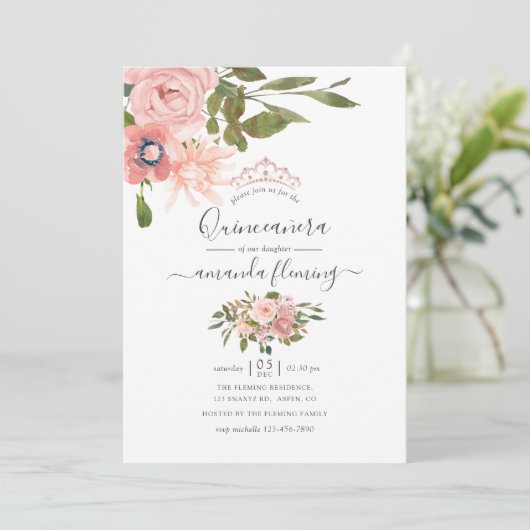 Waterverf floral Blush en Roos Gold Quinceañera Kaart (Staand voorkant)