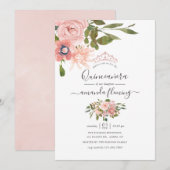 Waterverf floral Blush en Roos Gold Quinceañera Kaart (Voorkant / Achterkant)