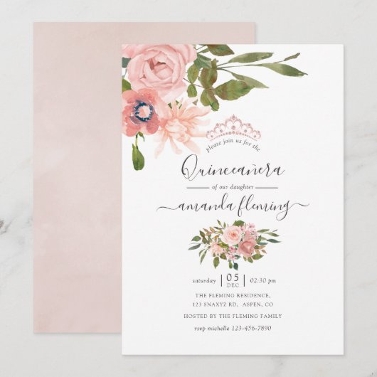Waterverf floral Blush en Roos Gold Quinceañera Kaart (Voorkant / Achterkant)