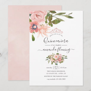Waterverf floral Blush en Roos Gold Quinceañera Kaart