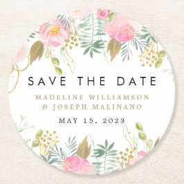 Waterverf Floral Blush & Gold Save the Date Clas Ronde Kartonnen Onderzetter