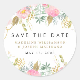 Waterverf Floral Blush & Gold Save the Date Ronde Sticker