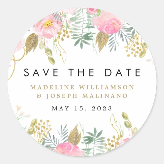 Waterverf Floral Blush & Gold Save the Date Ronde Sticker (Voorkant)
