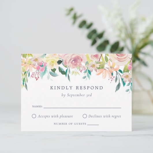 Waterverf Floral Blush Greenery Elegant RSVP Kaartje (Staand voorkant)