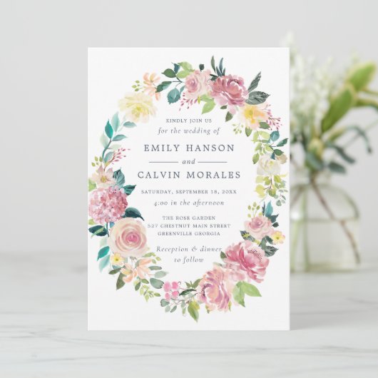 Waterverf Floral Blush Greenery Wreath Kaart (Staand voorkant)