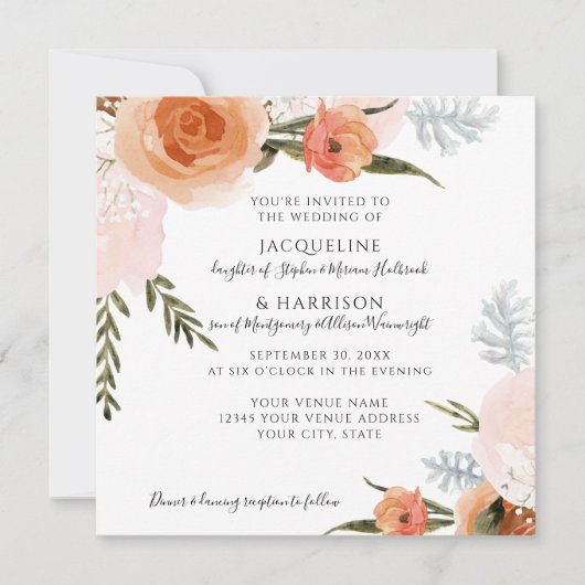 Waterverf Floral Blush Peach Grey Foliage Weddensc Kaart (Voorkant)