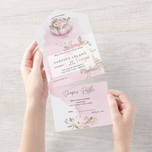 Waterverf Floral Blush Pink Baby shower All In One Uitnodiging