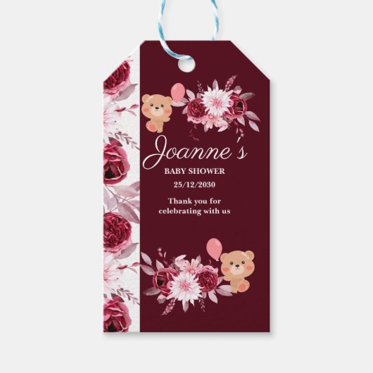 Waterverf Floral Blush Pink Burgundy Baby shower Cadeaulabel (Voorkant)