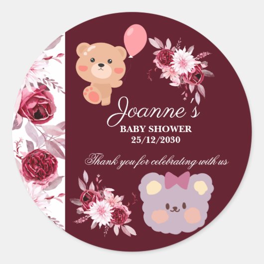 Waterverf Floral Blush Pink Burgundy Baby shower Ronde Sticker (Voorkant)