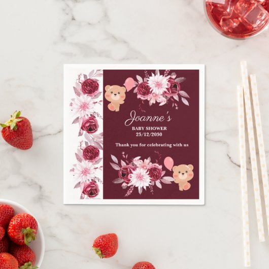 Waterverf Floral Blush Pink Burgundy Baby shower Servet (Insitu)