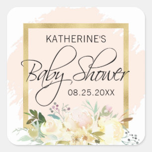 Waterverf Floral Blush Pink Gold Baby shower Vierkante Sticker