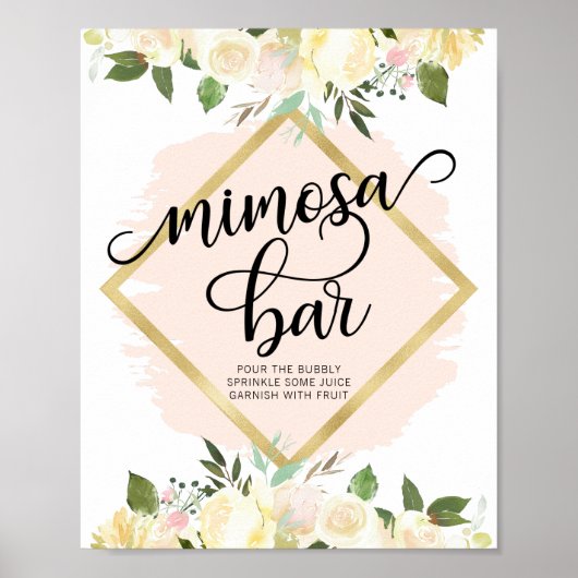 Waterverf Floral Blush Pink Gold MIMOSA BAR Sign. Poster (Voorkant)