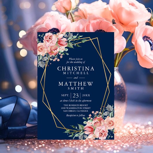 Waterverf Floral Blush Pink Navy Blue Wedding Kaart