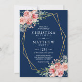 Waterverf Floral Blush Pink Navy Blue Wedding Kaart (Voorkant)