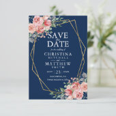 Waterverf Floral Blush Pink Navy Blue Wedding Save The Date (Staand voorkant)
