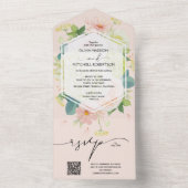 Waterverf Floral Blush Pink Wedding QR Code All In One Uitnodiging (Binnen)