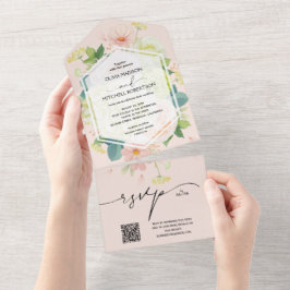 Waterverf Floral Blush Pink Wedding QR Code All In One Uitnodiging