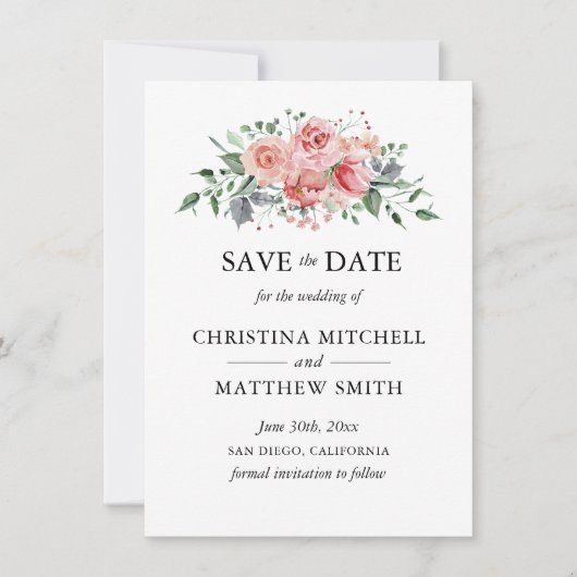 Waterverf Floral Blush Pink Wreath Save the Date (Voorkant)