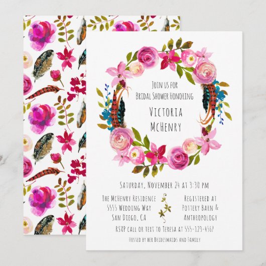 Waterverf Floral Boho Chic Krans Vrijgezellenfeest Kaart (Voorkant / Achterkant)