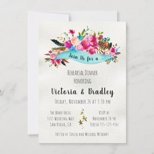 Waterverf Floral Boho Chic repetitie diner Kaart (Voorkant)