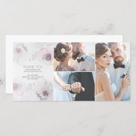 Waterverf Floral Boho Feathers Grey Soft Wedding Bedankkaart (Voorkant / Achterkant)