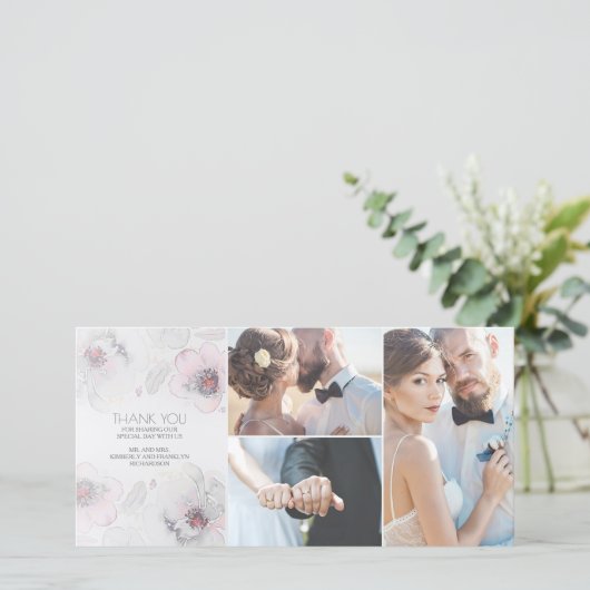 Waterverf Floral Boho Feathers Grey Soft Wedding Bedankkaart (Staand voorkant)