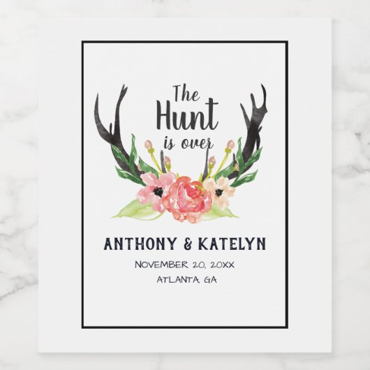 Waterverf Floral Boho Hunt is over het huwelijk Wijn Etiket (Enkel label)