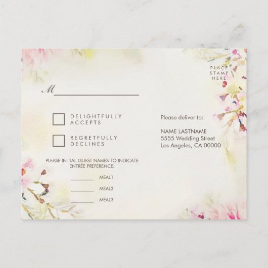 Waterverf Floral Boho RSVP Briefkaart Meal Choice (Achterkant)