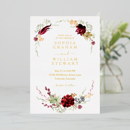 Waterverf Floral Boho Wedding Folie Uitnodiging (Staand Voorkant)