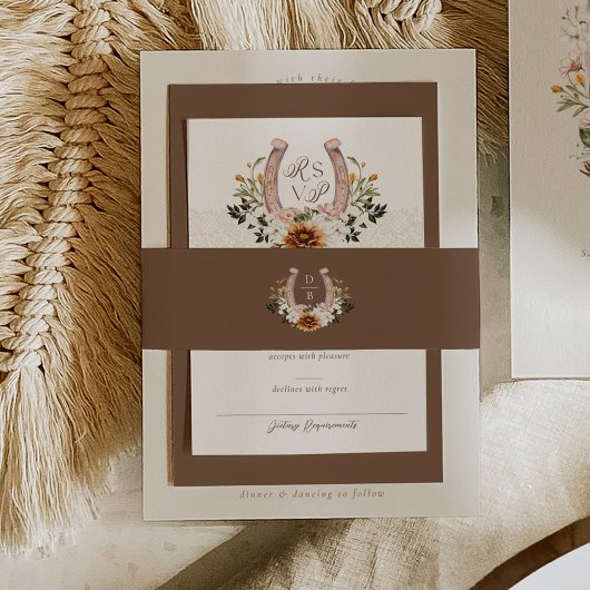 Waterverf Floral Boho Western Hoefijzer Monogram Uitnodigingen Wikkel