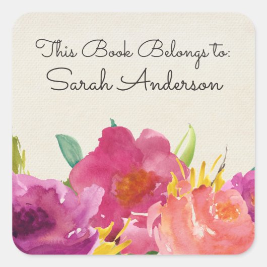Waterverf Floral Book Bord Dit boek behoort tot Vierkante Sticker (Voorkant)