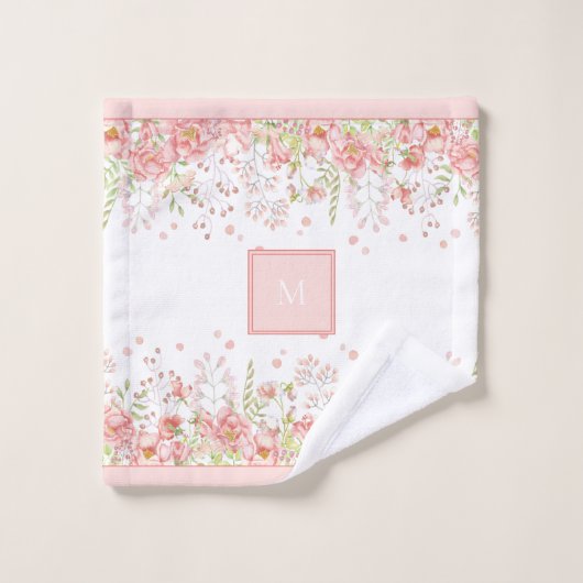 Waterverf Floral Border Monogram Bad Handdoek (Wasdoekje)