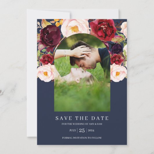 Waterverf Floral Botanical Arch Photo Lijst Navy Save The Date (Voorkant)
