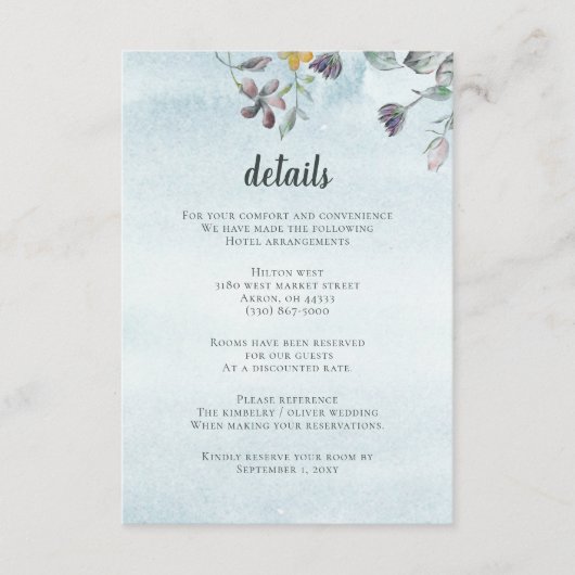 Waterverf Floral Botanical Dusty Blue Wedding Informatiekaartje (Voorkant)