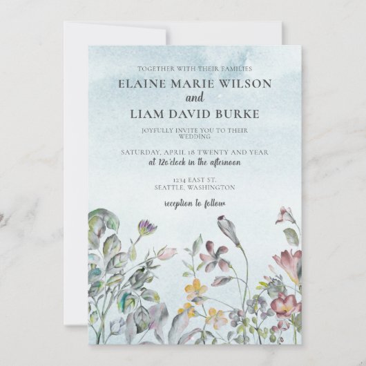 Waterverf Floral Botanical Dusty Blue Wedding Kaart (Voorkant)