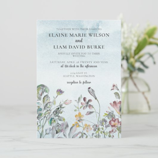 Waterverf Floral Botanical Dusty Blue Wedding Kaart (Staand voorkant)