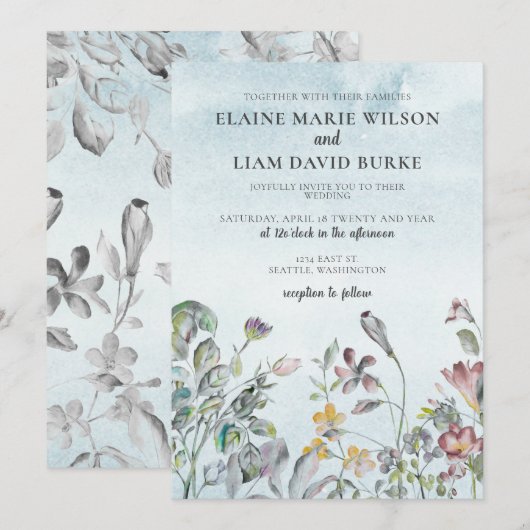 Waterverf Floral Botanical Dusty Blue Wedding Kaart (Voorkant / Achterkant)