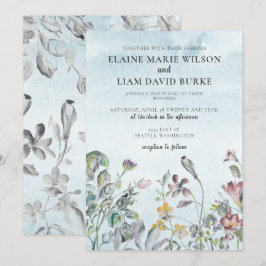 Waterverf Floral Botanical Dusty Blue Wedding Kaart