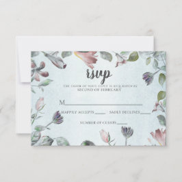 Waterverf Floral Botanical Dusty Blue Wedding RSVP Kaartje