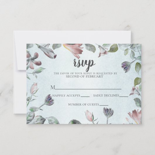 Waterverf Floral Botanical Dusty Blue Wedding RSVP Kaartje (Voorkant)