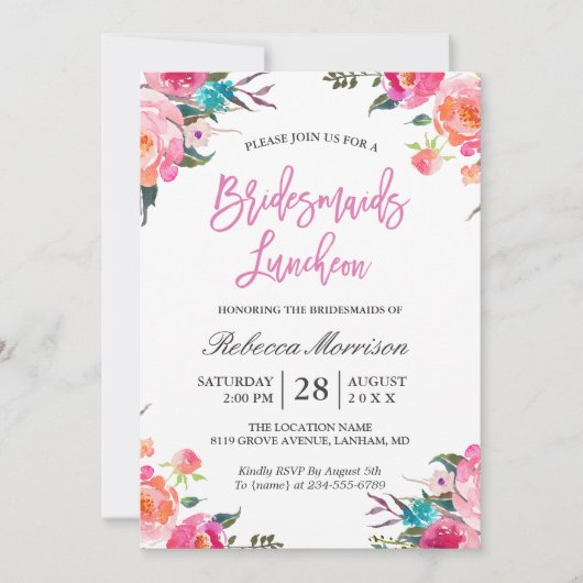 Waterverf Floral Botanische Bridesmaids Luncheon Kaart (Voorkant)