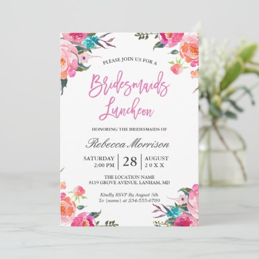 Waterverf Floral Botanische Bridesmaids Luncheon Kaart (Staand voorkant)