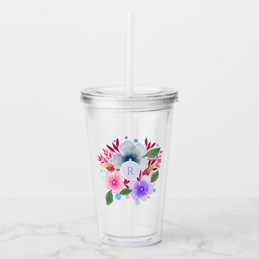  Waterverf Floral Bouquet Monogram Acryl Drinkbeker (Voorkant)